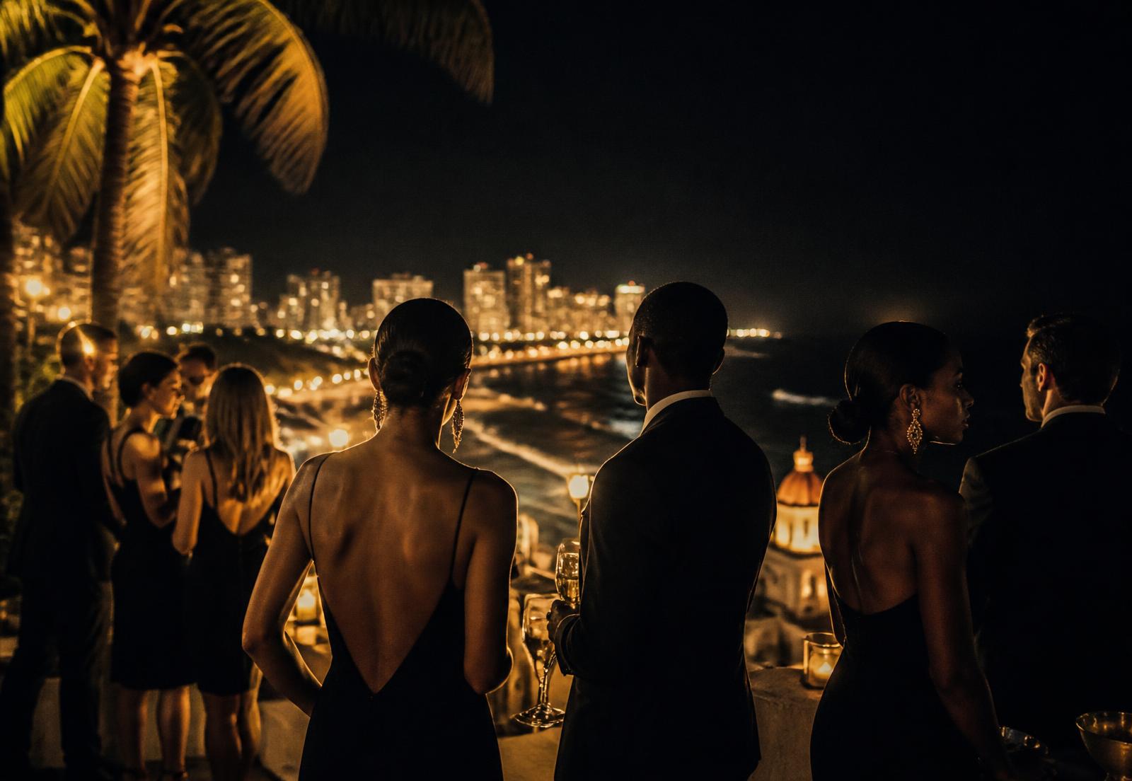 Guests on a terrace above the lit coastline of Puerto Plata at night